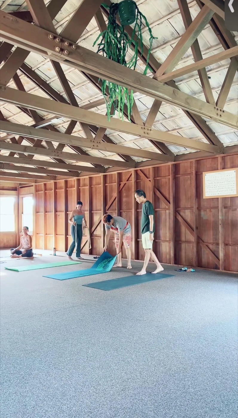 Group private yoga in the wooden shala